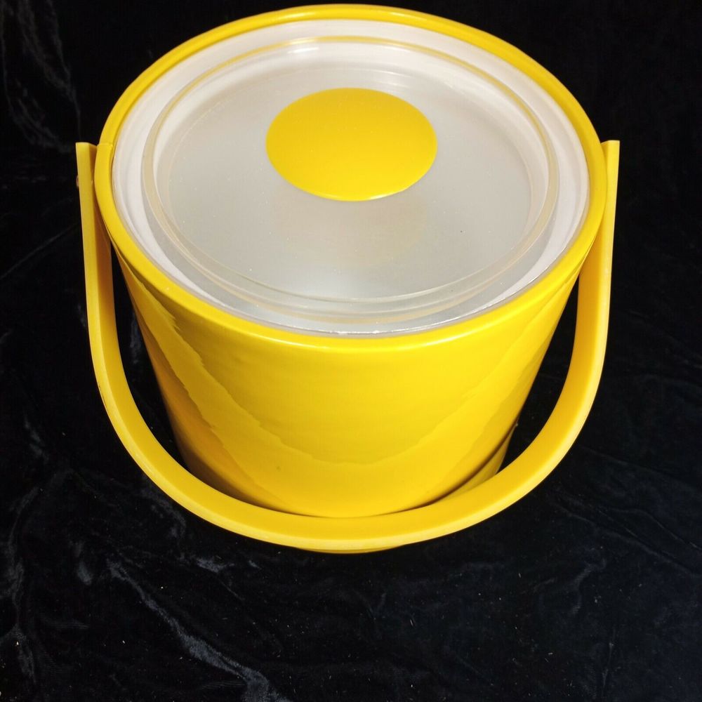 Retro Yellow Vinyl Ice Bucket MCM 60's 70's Mod Big Bold Button on Top